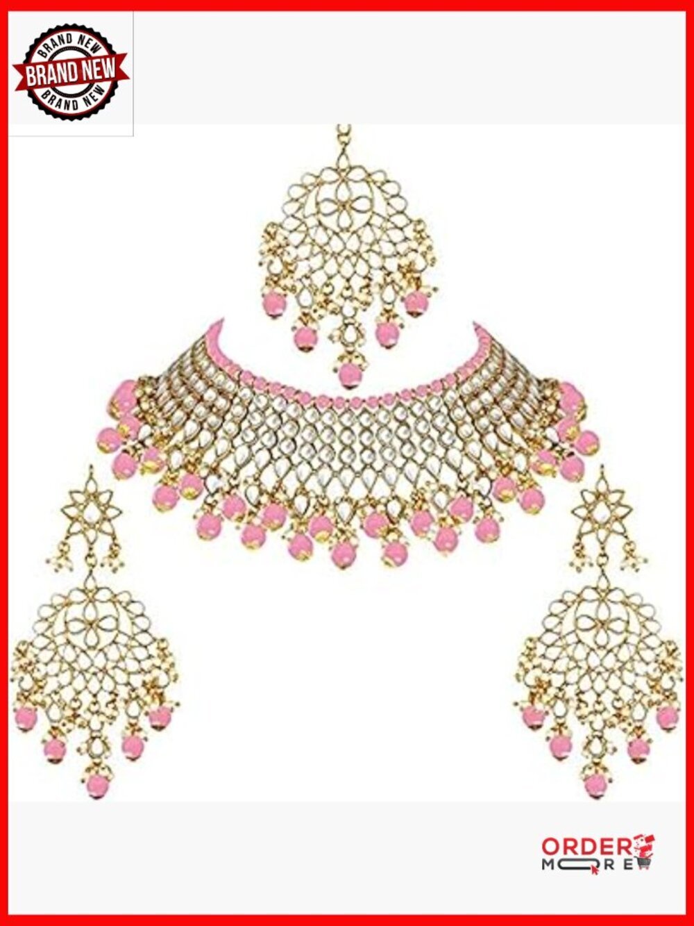 Traditional Indian Jewelry Set with Necklace Earrings Maang Tikka